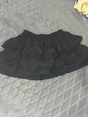 Black Tiered Ruffle Lace Trim Elastic Waist Mini Skirt